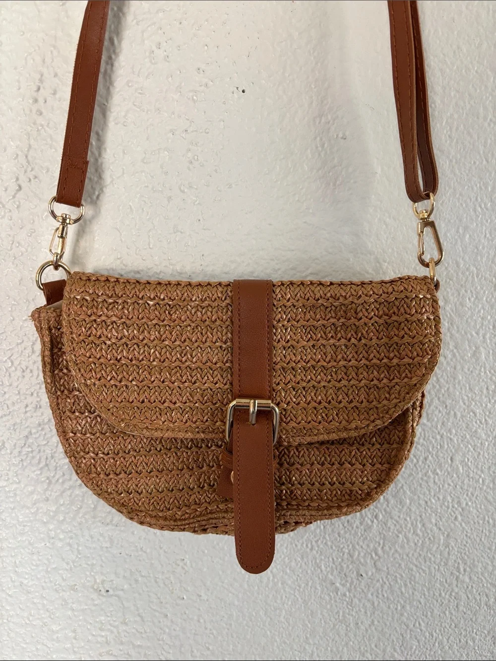 Woven Saddle Crossbody Bag in Brown with Buckle Strap